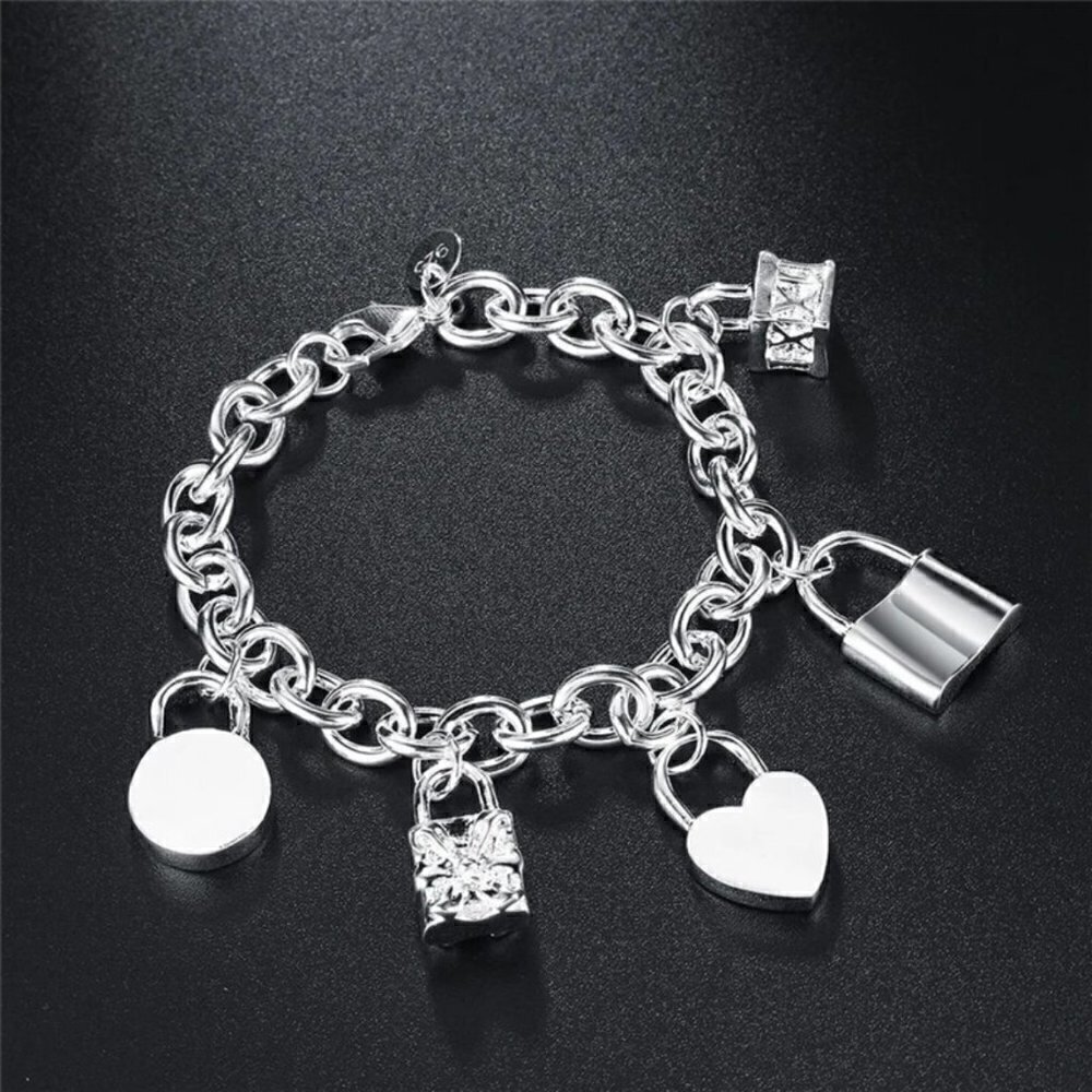 Silver Padlock & Heart Charm Bracelet - Women's Jewelry
